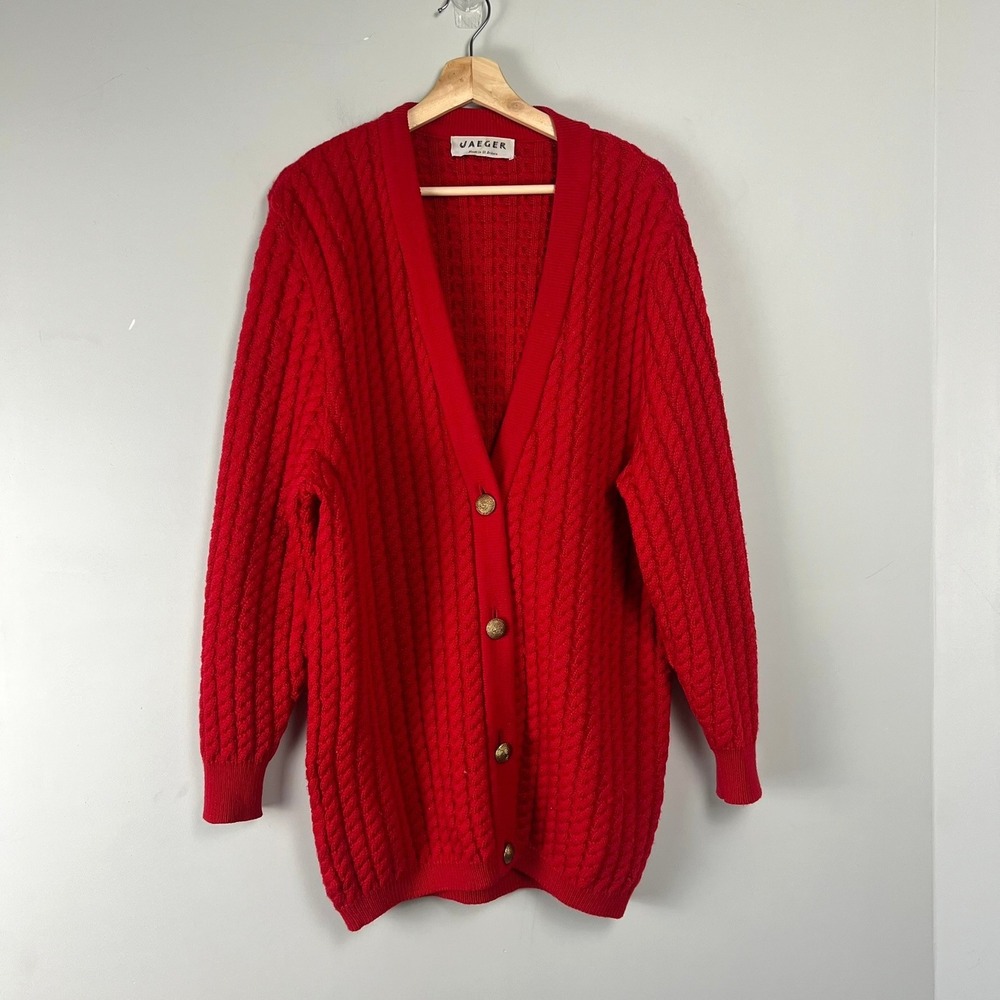 Jaeger Red 100% Wool Cable Knit Cardigan Made in GB Longline V-Neck Sweater